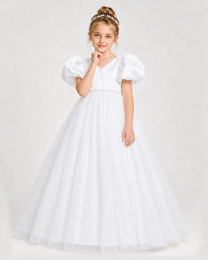 Dideyttawl V-Neck Satin Tulle Girl Formal Dress with Puff Sleeves