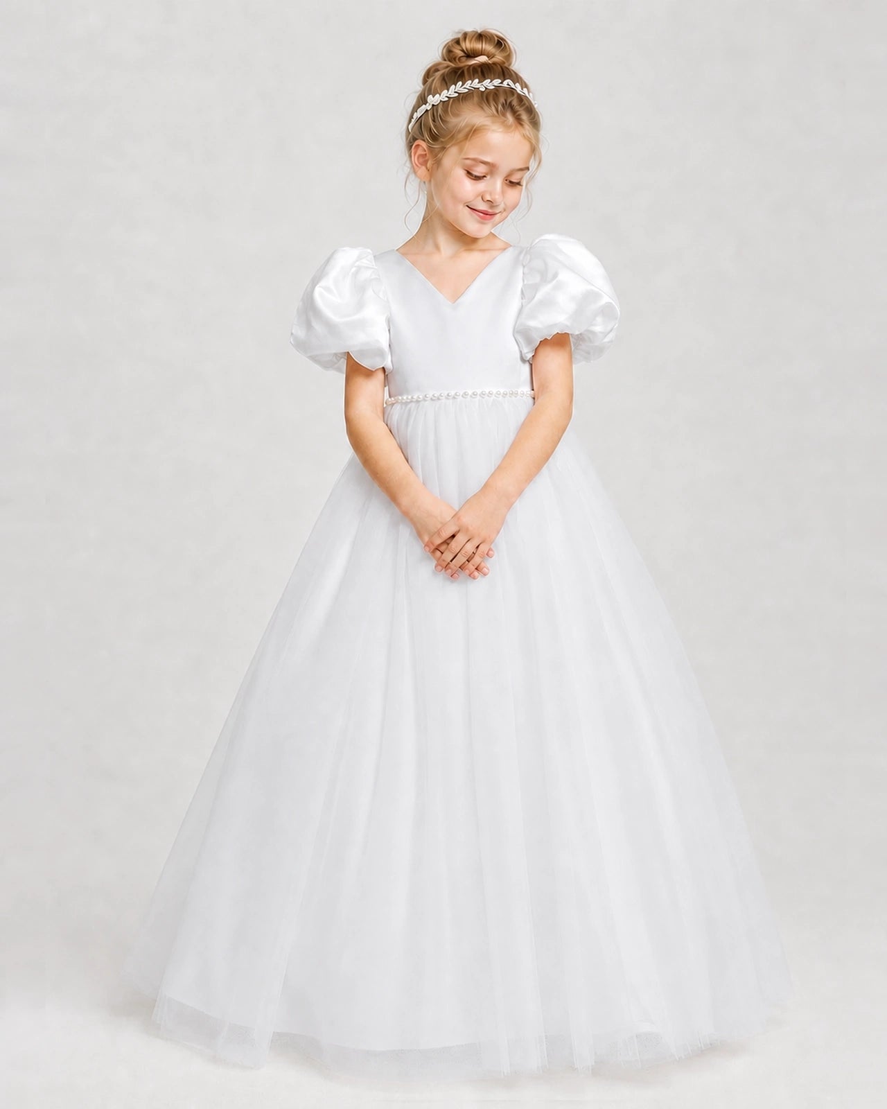 Dideyttawl V-Neck Satin Tulle Girl Formal Dress with Puff Sleeves