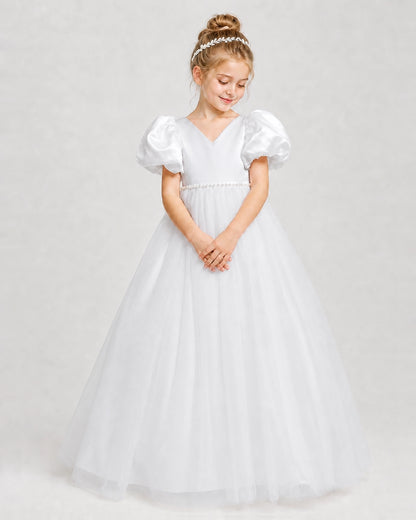Dideyttawl V-Neck Satin Tulle Girl Formal Dress with Puff Sleeves