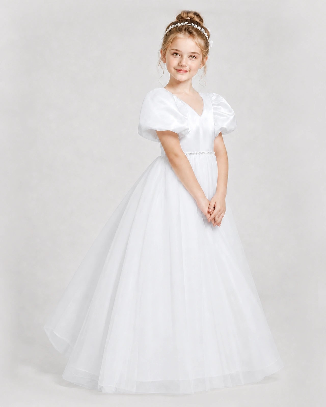 Dideyttawl V-Neck Satin Tulle Girl Formal Dress with Puff Sleeves