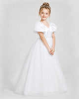 White Satin and Tulle Puff Sleeve Girls Formal Dresses Side View