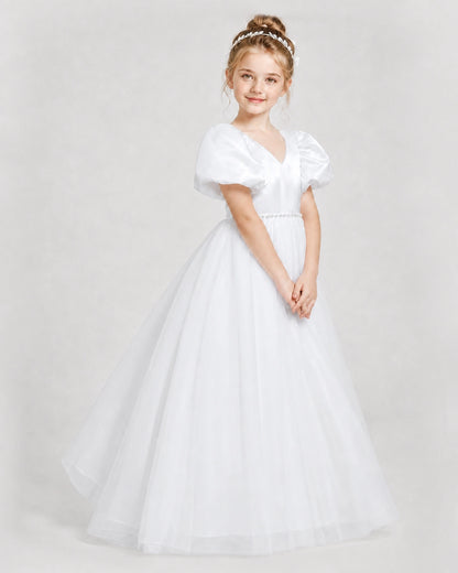 Dideyttawl V-Neck Satin Tulle Girl Formal Dress with Puff Sleeves