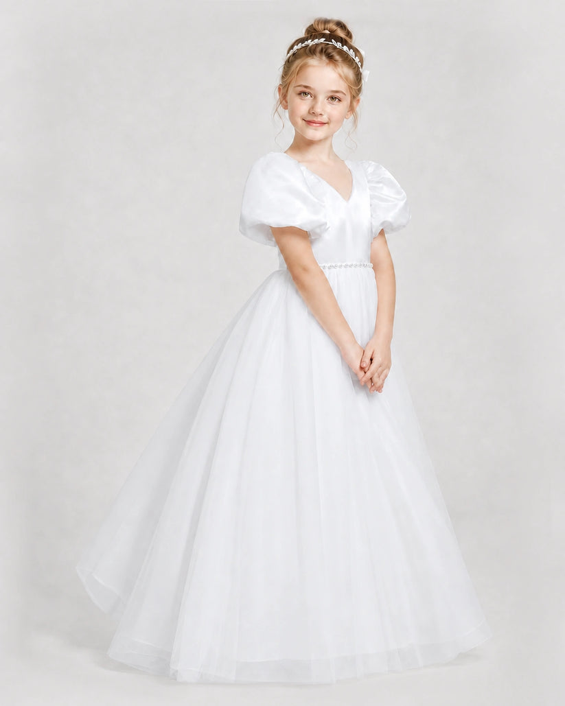White Satin and Tulle Puff Sleeve Girls Formal Dresses Side View