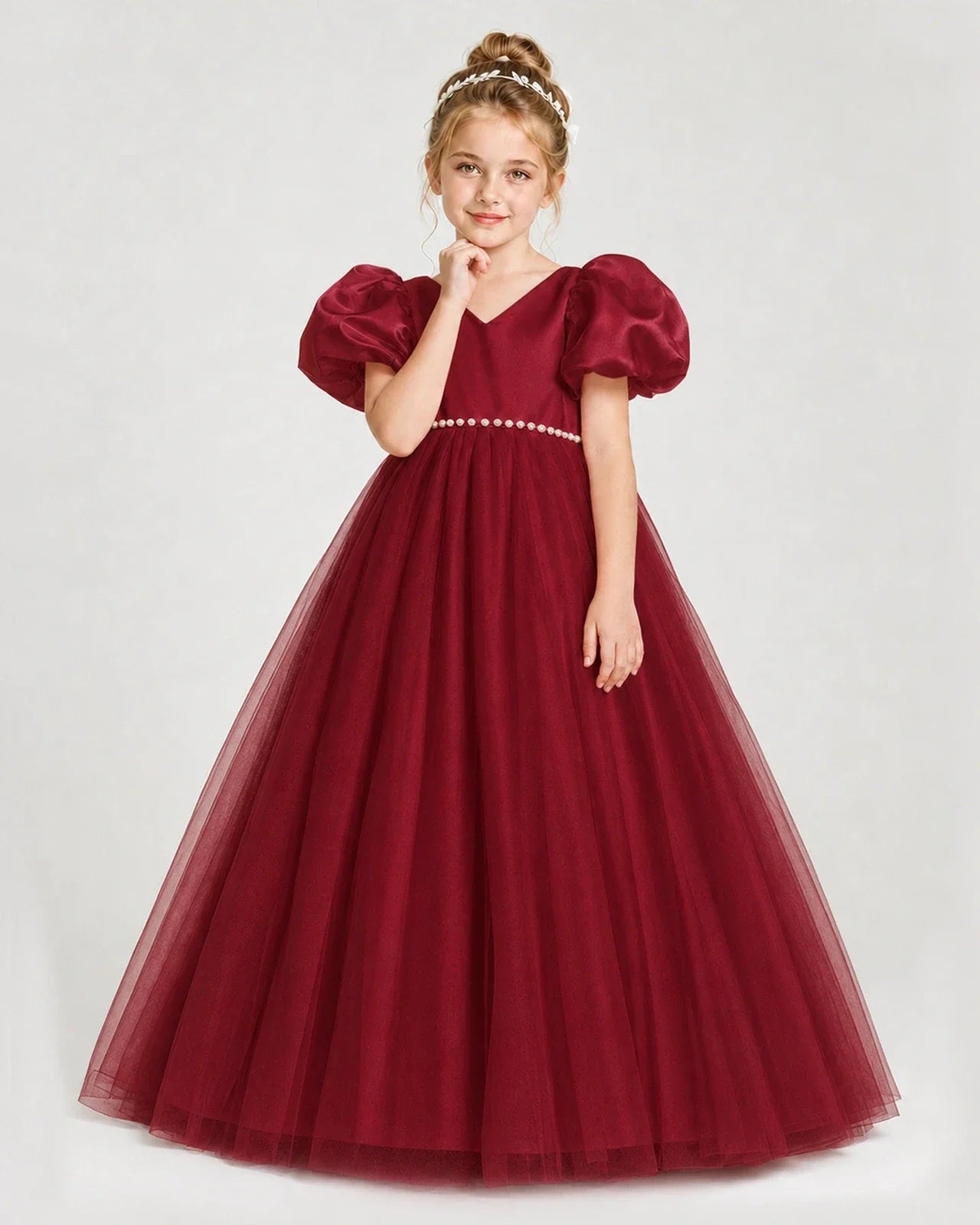 Dideyttawl V-Neck Satin Tulle Girl Formal Dress with Puff Sleeves