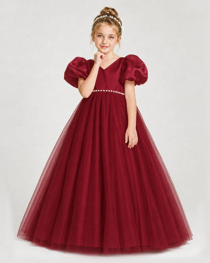 Dideyttawl V-Neck Satin Tulle Girl Formal Dress with Puff Sleeves