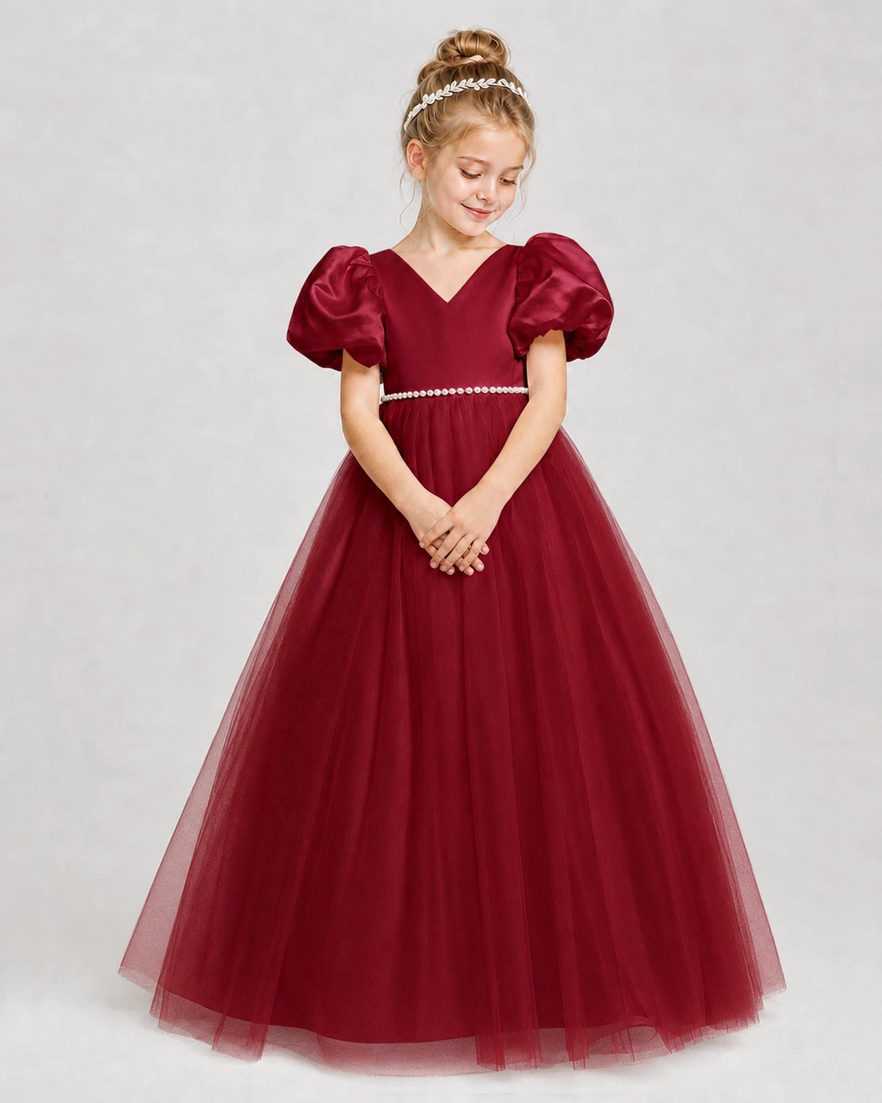 Dideyttawl V-Neck Satin Tulle Girl Formal Dress with Puff Sleeves