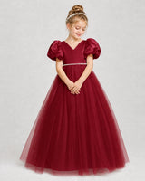 Windred Satin and Tulle V-Neck Ball Gown Girls Formal Dresses