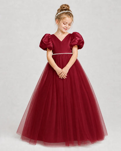 Dideyttawl V-Neck Satin Tulle Girl Formal Dress with Puff Sleeves