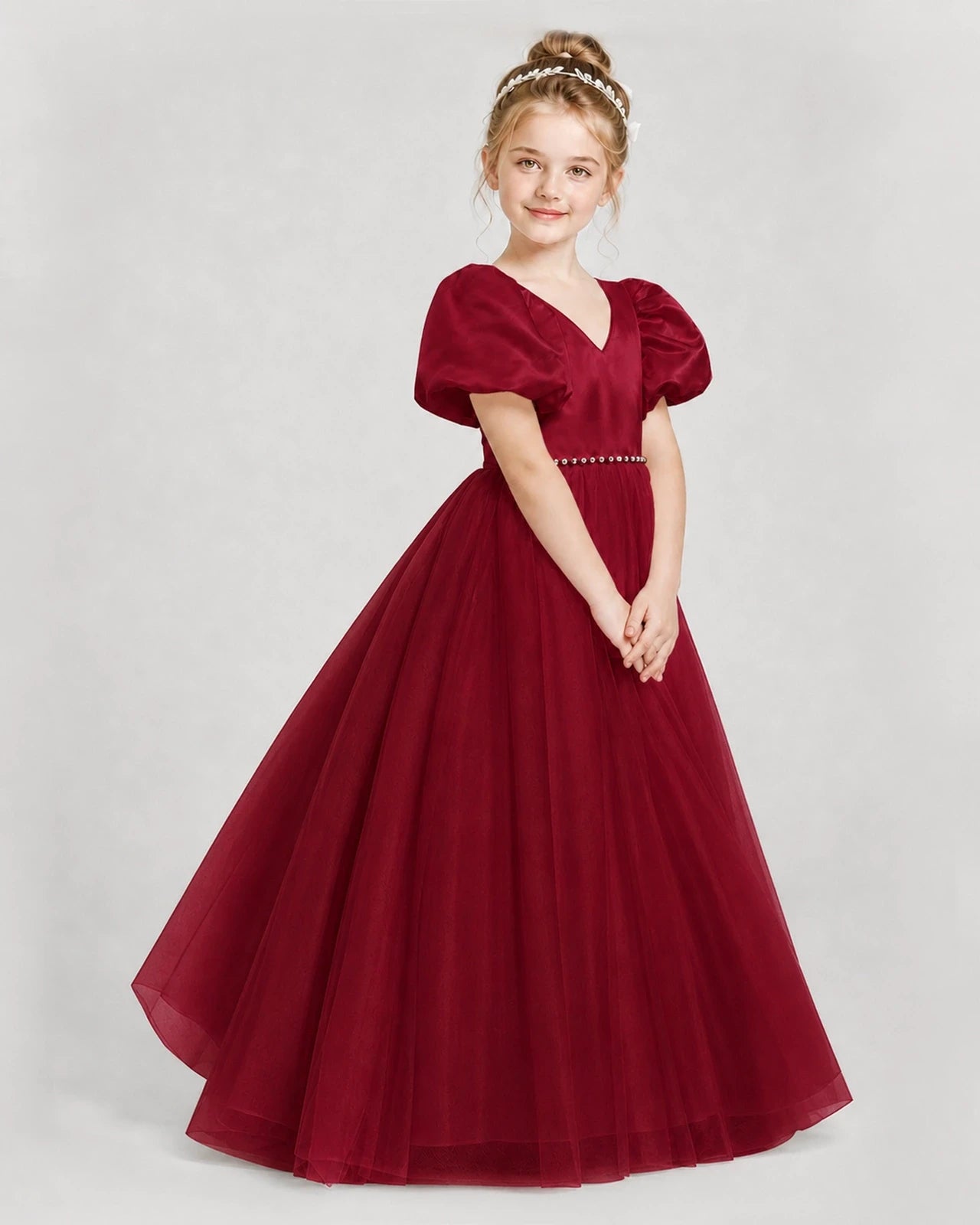 Dideyttawl V-Neck Satin Tulle Girl Formal Dress with Puff Sleeves