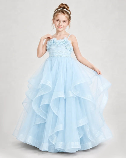 Dideyttawl 3D Flower Tulle Girl Pageant Dress with Tiered Skirt