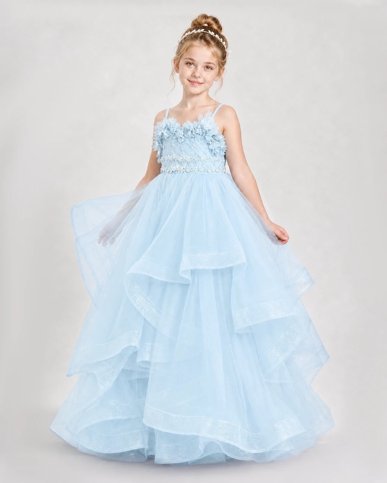 Dideyttawl 3D Flower Tulle Girl Pageant Dress with Tiered Skirt