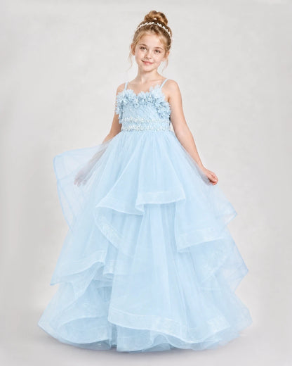 Dideyttawl 3D Flower Tulle Girl Pageant Dress with Tiered Skirt