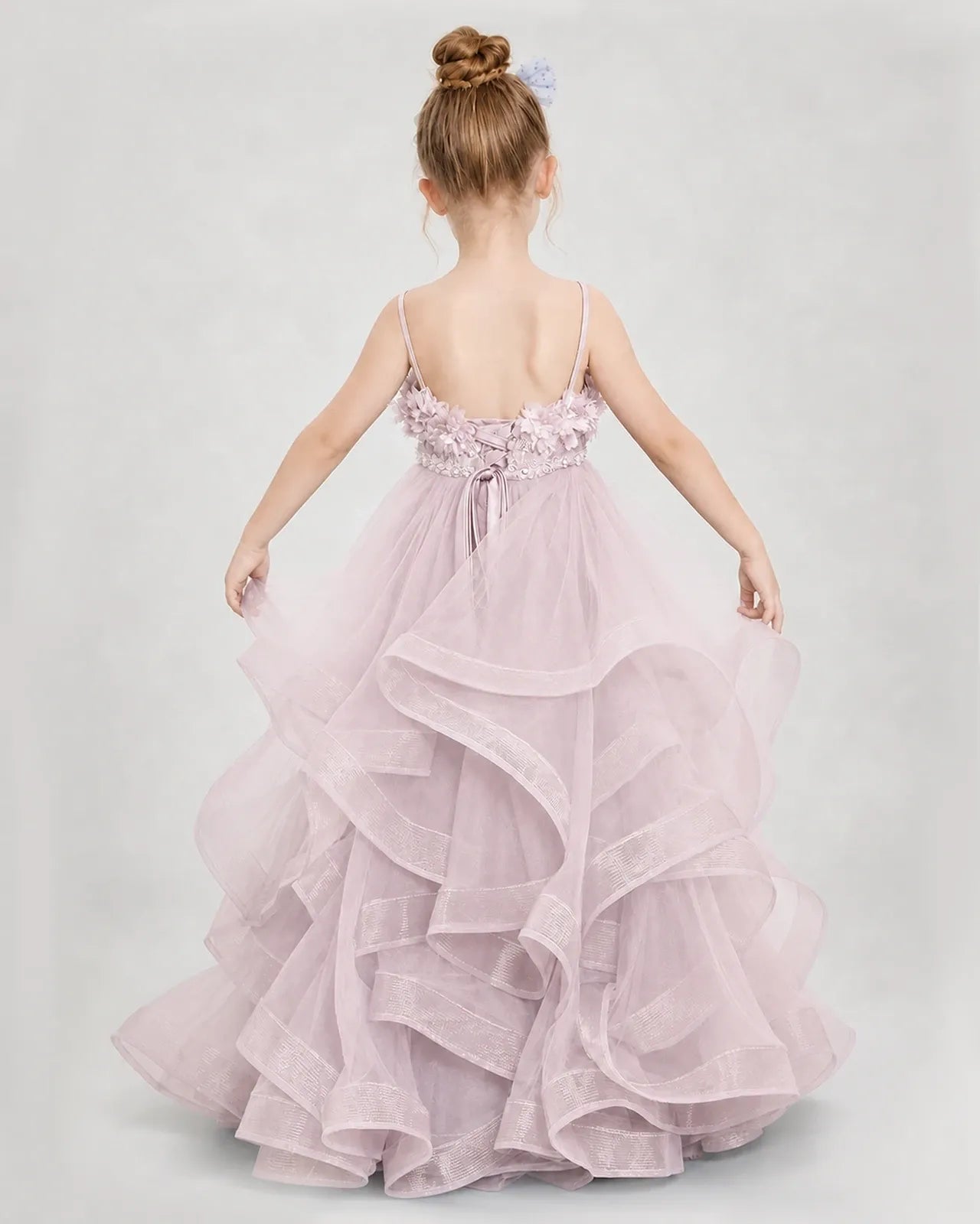 Dideyttawl 3D Flower Tulle Girl Pageant Dress with Tiered Skirt