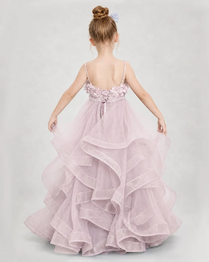 Dideyttawl 3D Flower Tulle Girl Pageant Dress with Tiered Skirt
