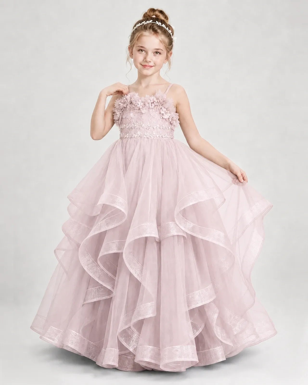 Dideyttawl 3D Flower Tulle Girl Pageant Dress with Tiered Skirt