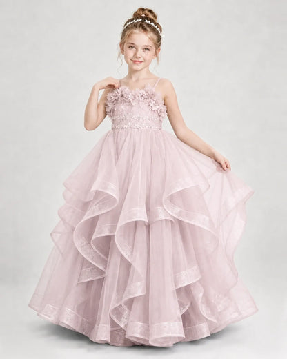 Dideyttawl 3D Flower Tulle Girl Pageant Dress with Tiered Skirt