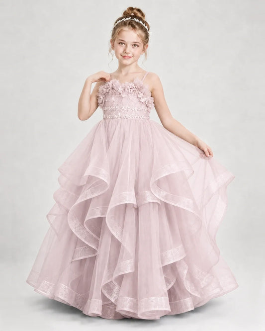 Blush Pink Tulle Tiered Ball Gown Girls Pageant Dresses Front View