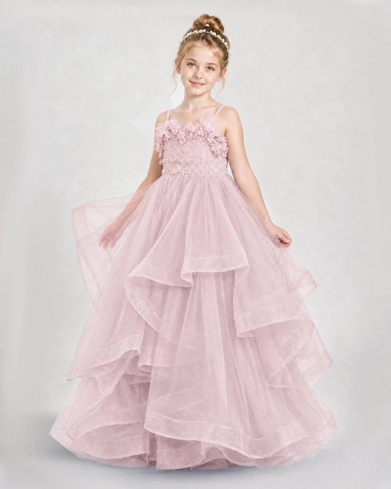 Dideyttawl 3D Flower Tulle Girl Pageant Dress with Tiered Skirt