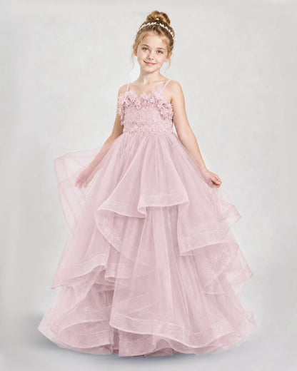 Dideyttawl 3D Flower Tulle Girl Pageant Dress with Tiered Skirt