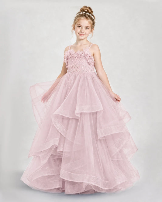 Blush Pink Tulle Tiered Ball Gown Girls Pageant Dresses Side View