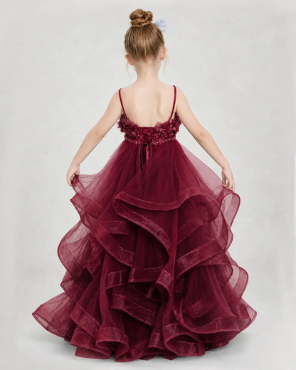 Dideyttawl 3D Flower Tulle Girl Pageant Dress with Tiered Skirt