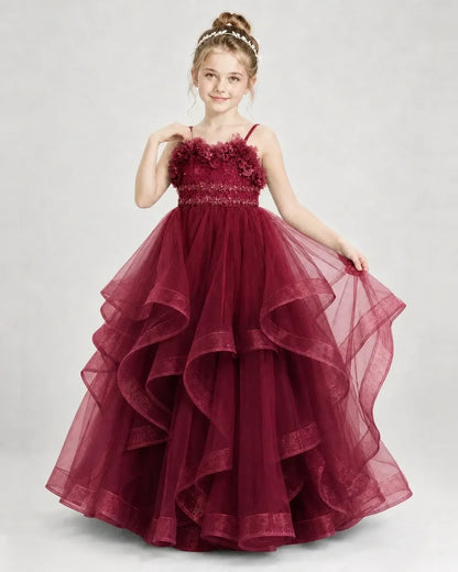 Dideyttawl 3D Flower Tulle Girl Pageant Dress with Tiered Skirt