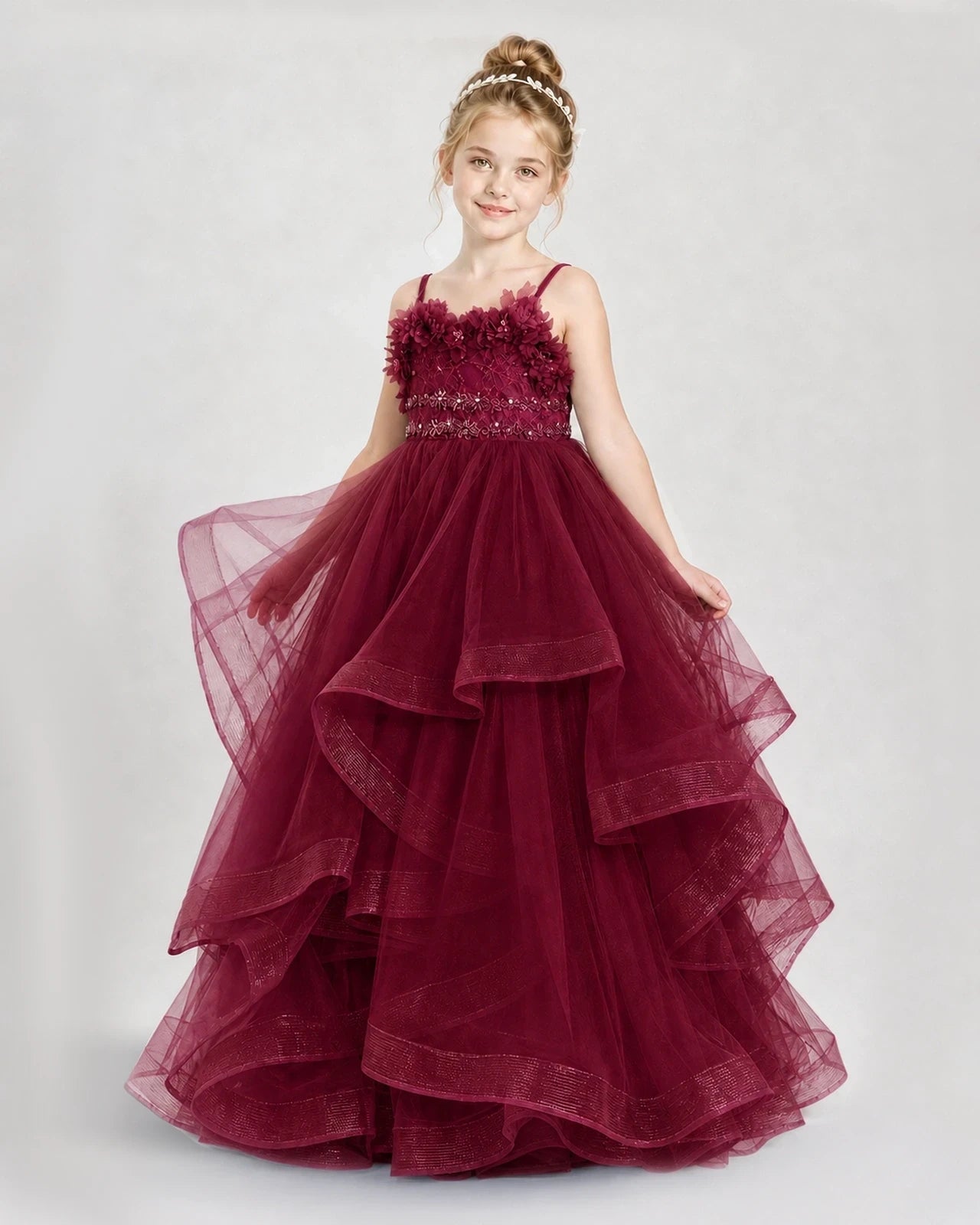 Dideyttawl 3D Flower Tulle Girl Pageant Dress with Tiered Skirt