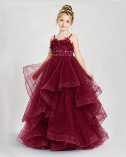 Dideyttawl 3D Flower Tulle Girl Pageant Dress with Tiered Skirt