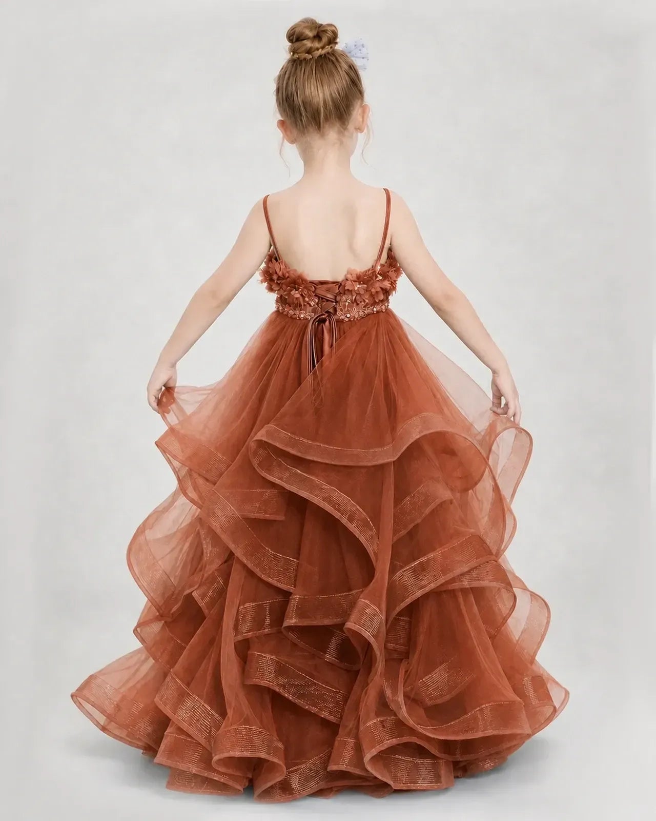 Dideyttawl 3D Flower Tulle Girl Pageant Dress with Tiered Skirt