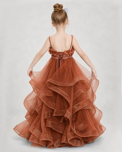 Dideyttawl 3D Flower Tulle Girl Pageant Dress with Tiered Skirt