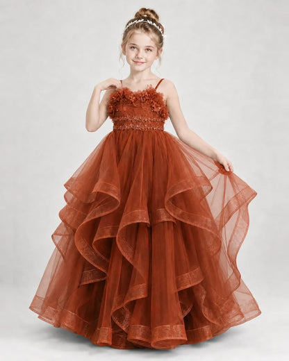 Dideyttawl 3D Flower Tulle Girl Pageant Dress with Tiered Skirt