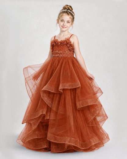Dideyttawl 3D Flower Tulle Girl Pageant Dress with Tiered Skirt