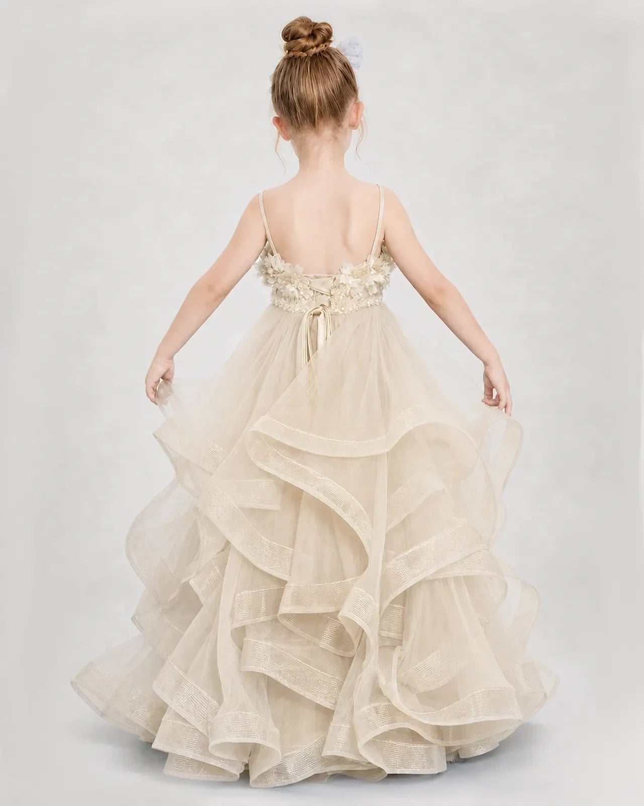 Dideyttawl 3D Flower Tulle Girl Pageant Dress with Tiered Skirt