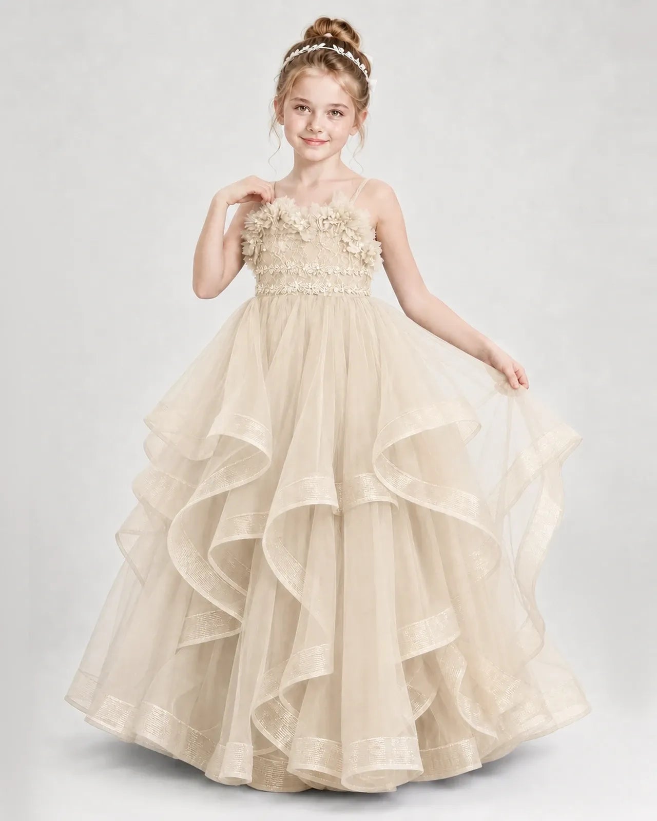 Dideyttawl 3D Flower Tulle Girl Pageant Dress with Tiered Skirt