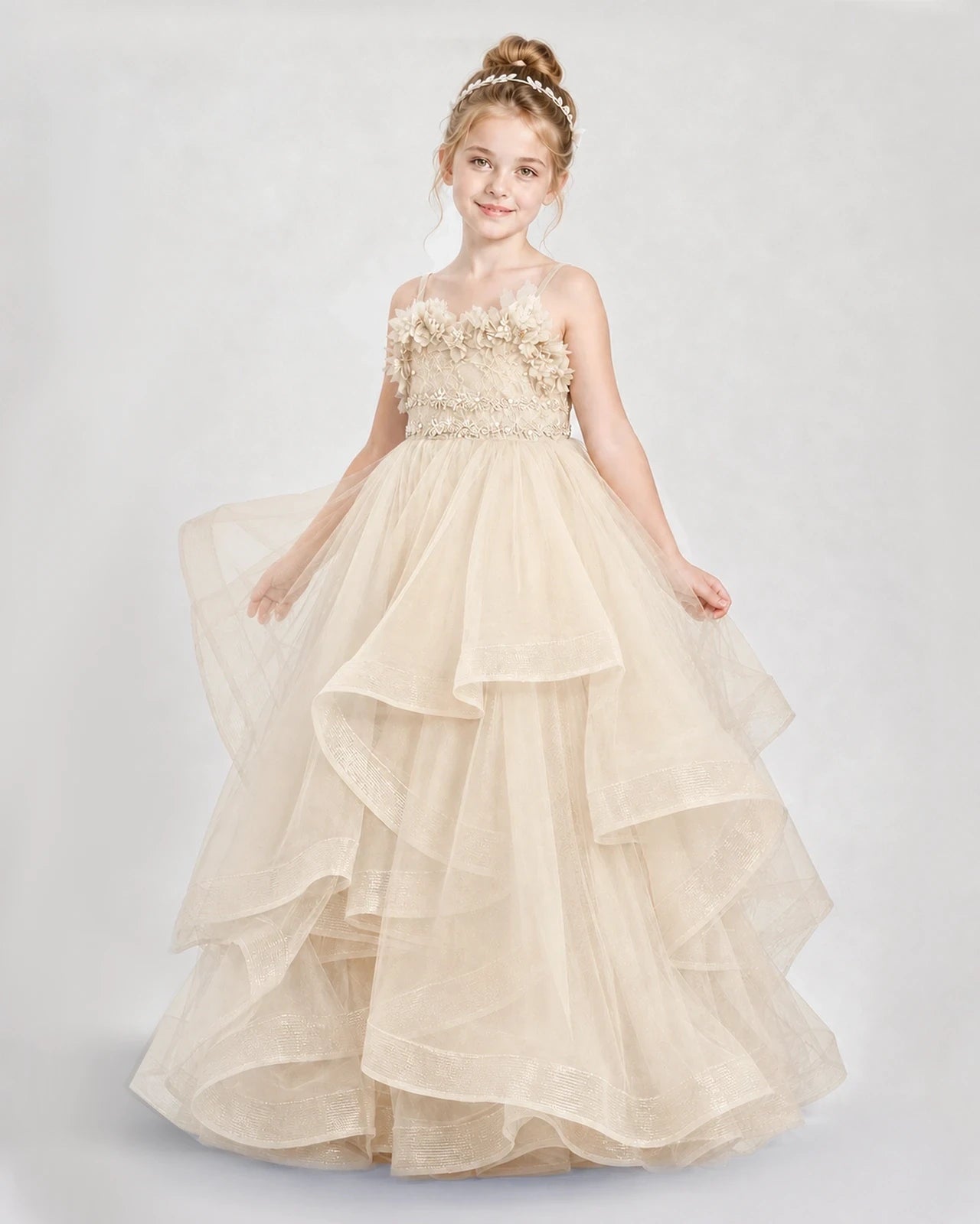 Dideyttawl 3D Flower Tulle Girl Pageant Dress with Tiered Skirt