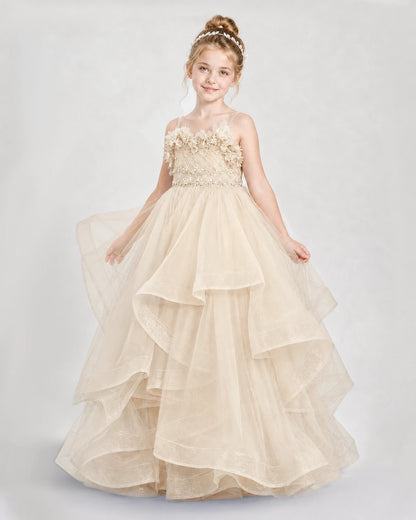Dideyttawl 3D Flower Tulle Girl Pageant Dress with Tiered Skirt