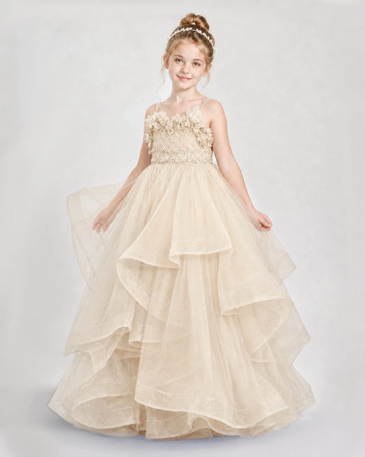 Champagne Tulle Tiered Ball Gown Girls Pageant Dresses Side View