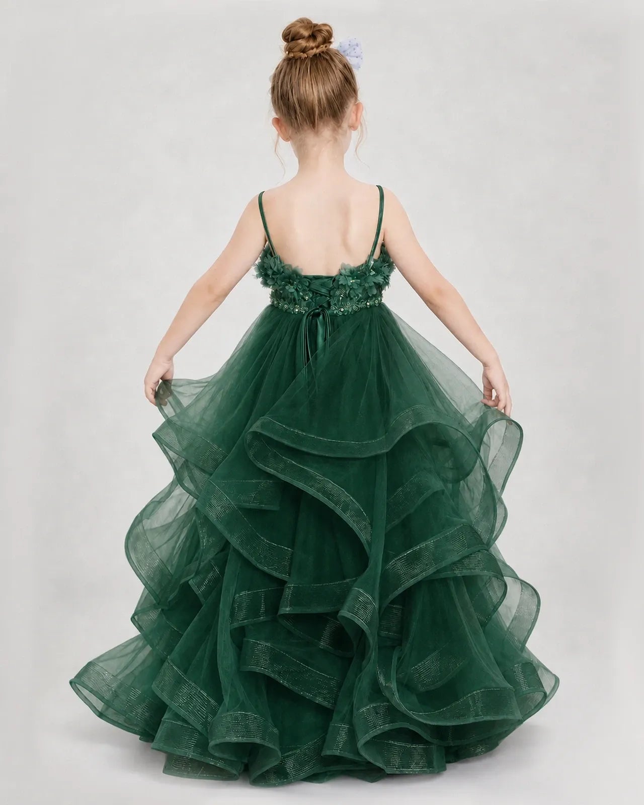 Dideyttawl 3D Flower Tulle Girl Pageant Dress with Tiered Skirt