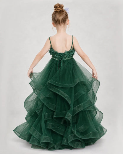 Dideyttawl 3D Flower Tulle Girl Pageant Dress with Tiered Skirt