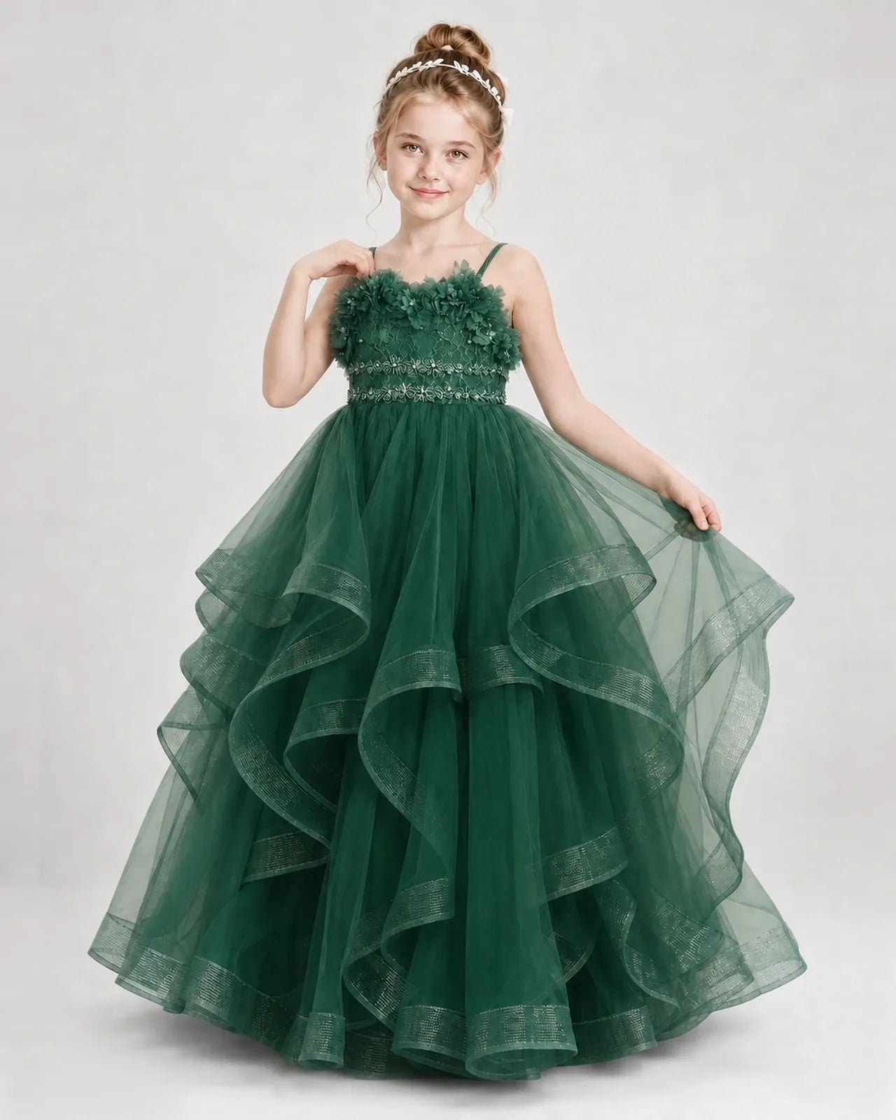 Dideyttawl 3D Flower Tulle Girl Pageant Dress with Tiered Skirt