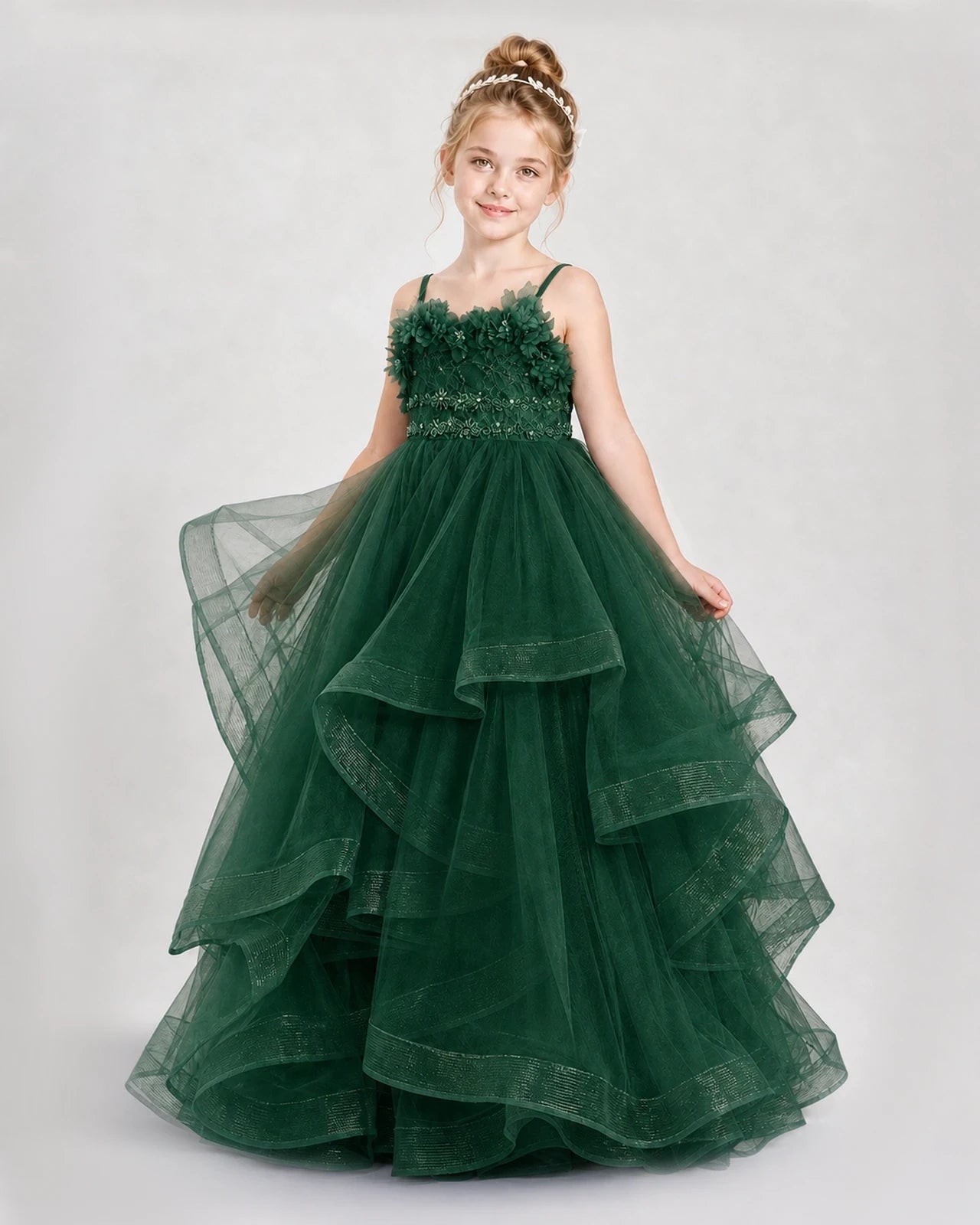 Dideyttawl 3D Flower Tulle Girl Pageant Dress with Tiered Skirt
