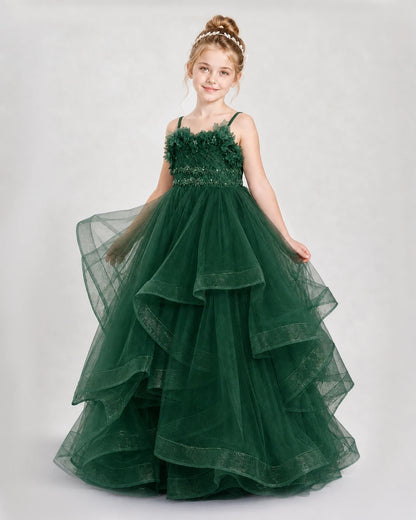 Dideyttawl 3D Flower Tulle Girl Pageant Dress with Tiered Skirt