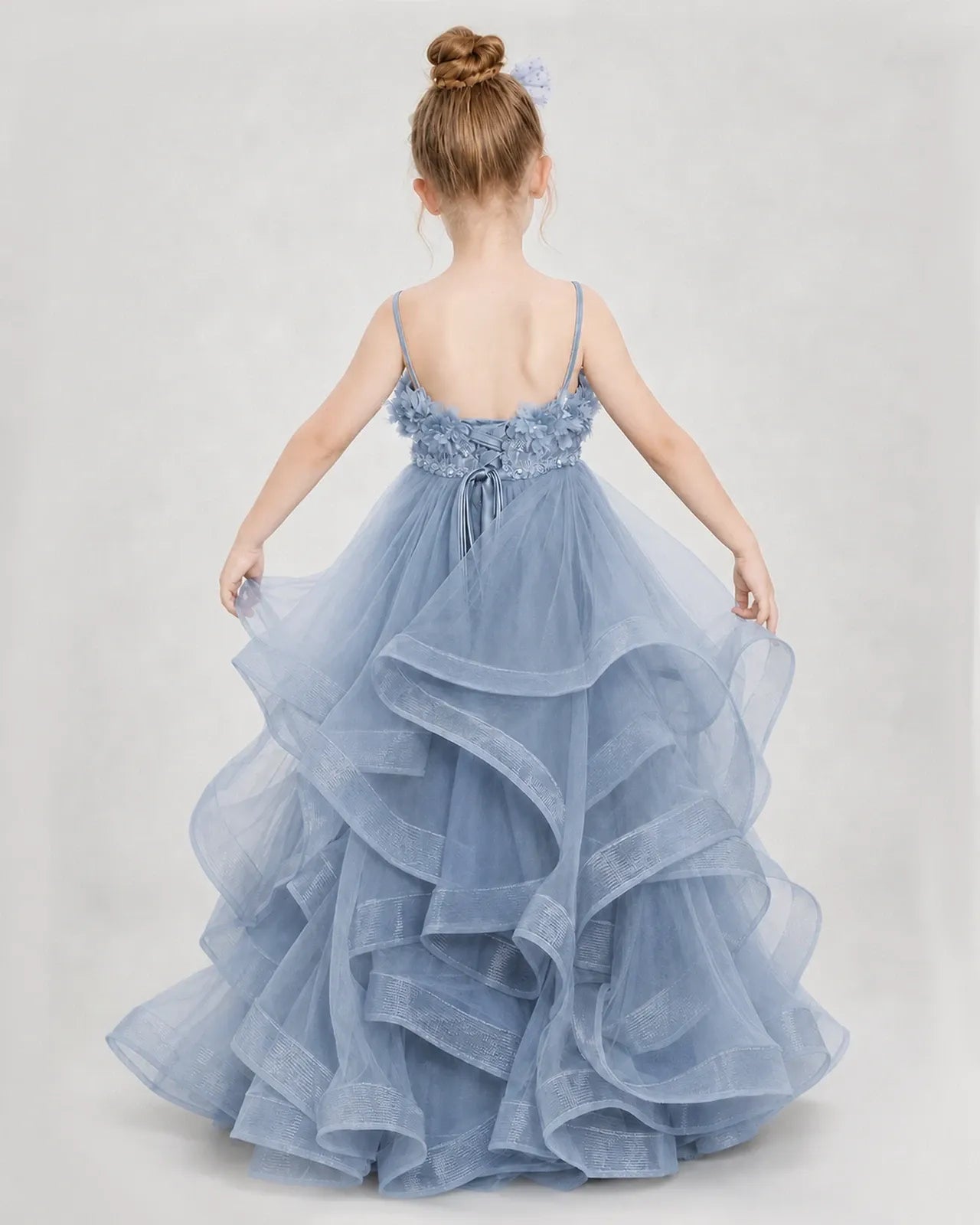 Dideyttawl 3D Flower Tulle Girl Pageant Dress with Tiered Skirt