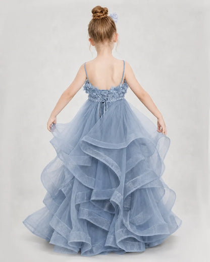 Dideyttawl 3D Flower Tulle Girl Pageant Dress with Tiered Skirt