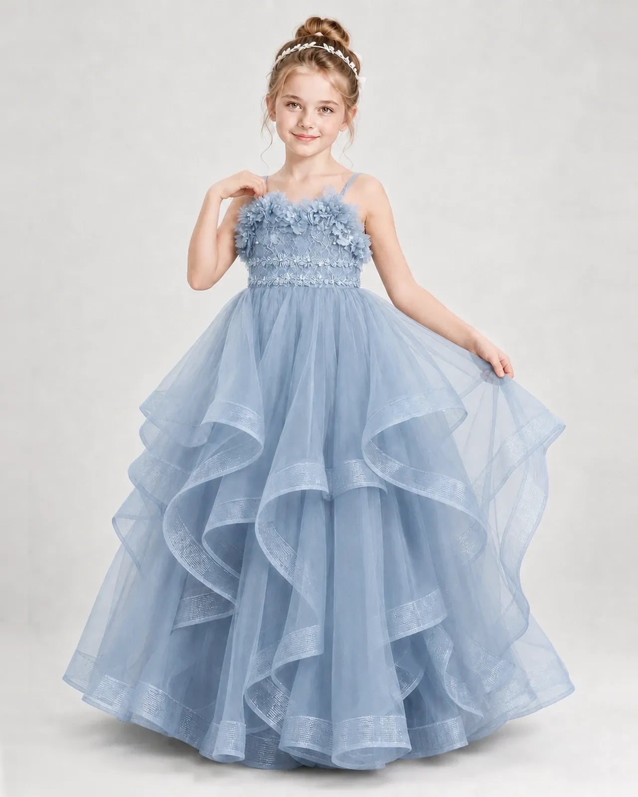 Dideyttawl 3D Flower Tulle Girl Pageant Dress with Tiered Skirt