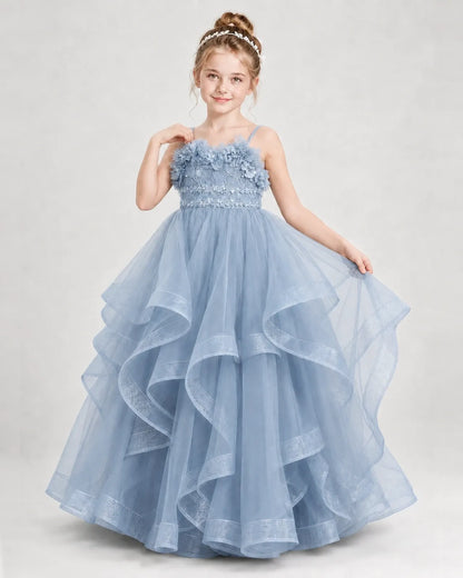 Dideyttawl 3D Flower Tulle Girl Pageant Dress with Tiered Skirt