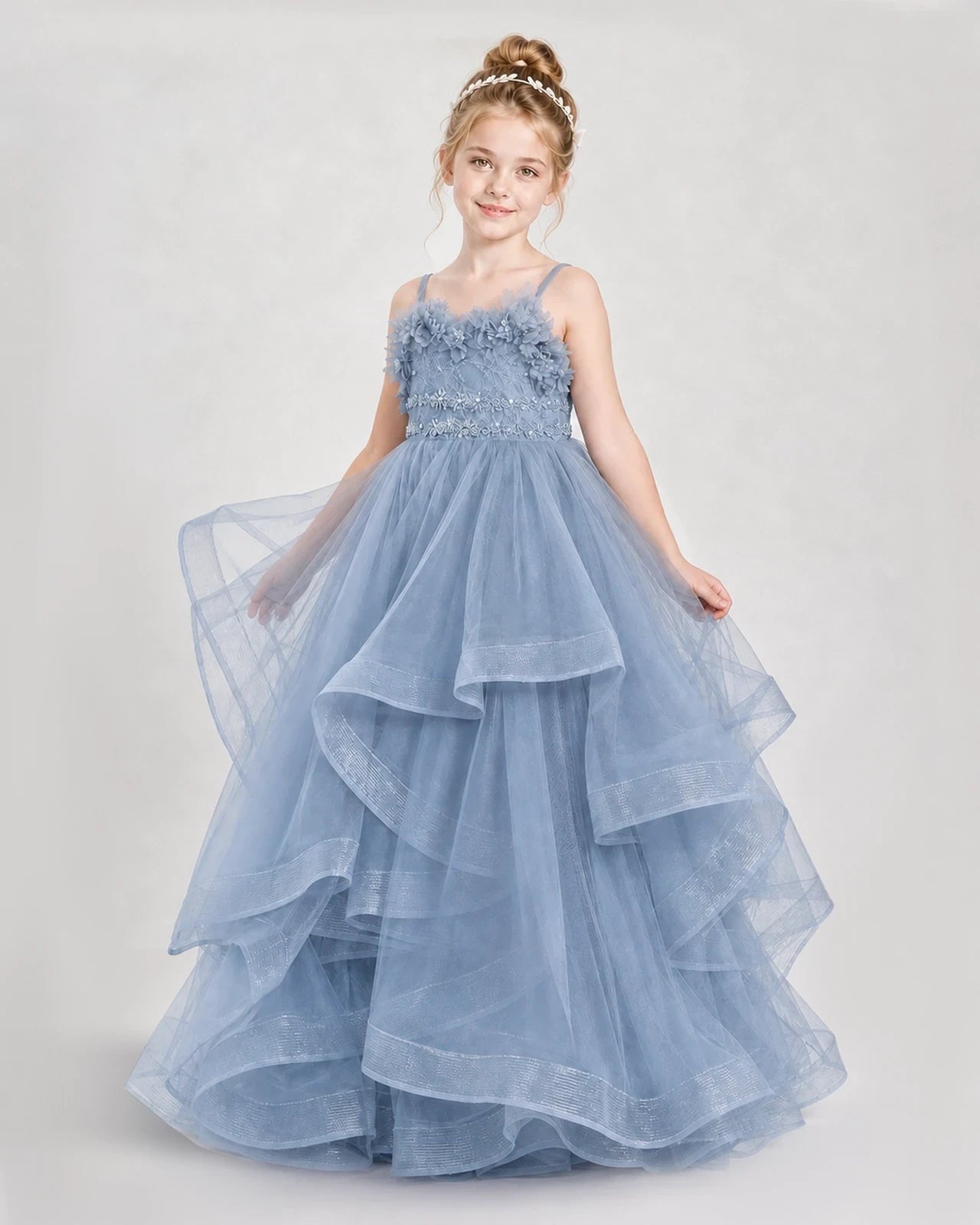 Dideyttawl 3D Flower Tulle Girl Pageant Dress with Tiered Skirt