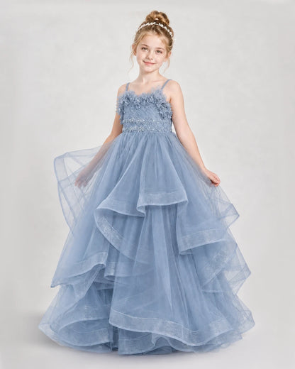 Dideyttawl 3D Flower Tulle Girl Pageant Dress with Tiered Skirt