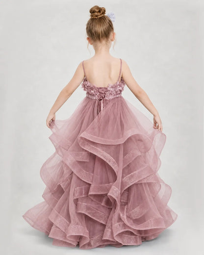 Dideyttawl 3D Flower Tulle Girl Pageant Dress with Tiered Skirt