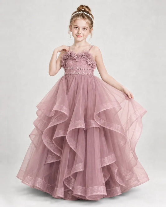 Dusty Rose Tulle Layered A-Line Girls Pageant Dresses Front View